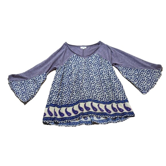 Umgee Blouse Women Small Boho/Hippie Floral/Paisley Bell Sleeve Top Purple/Blue - Picture 1 of 10